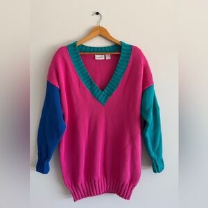 Vtg PreviewInternational L Colorblock VNeck Sweater 80-90s Preppy Retro